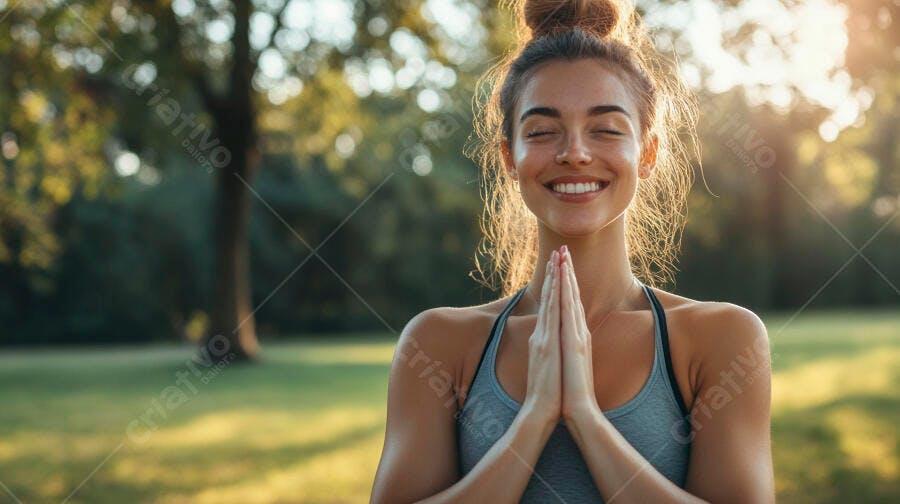 Mulher jovem feliz meditando em pose de ioga no parque ao pôr do sol