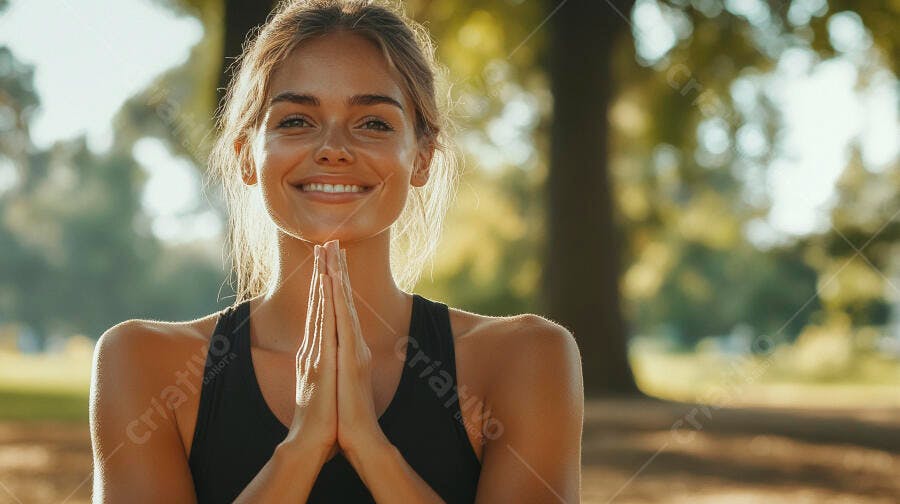 Mulher jovem sorrindo com mãos em prece em parque ensolarado