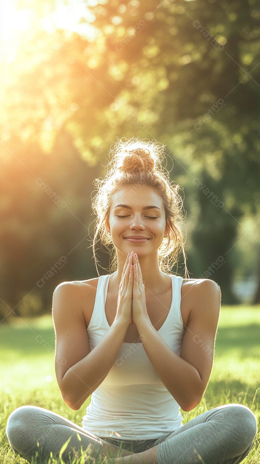 Jovem mulher meditando ao ar livre sob luz dourada do sol