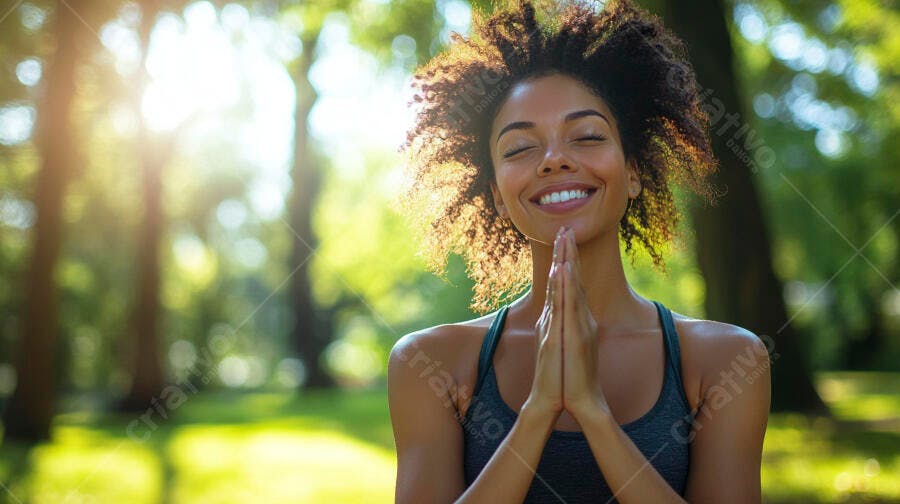 Mulher negra sorrindo meditando em parque ensolarado manhã