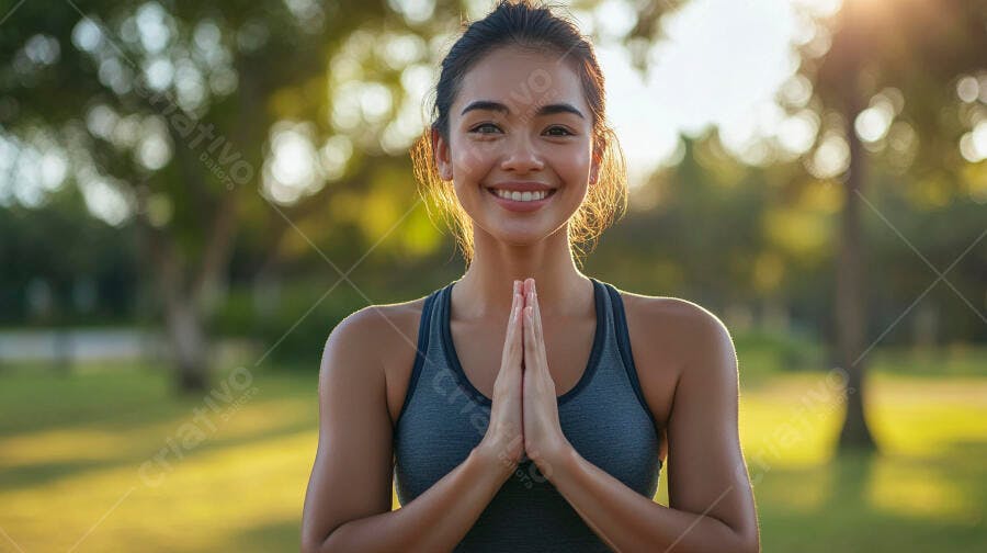 Mulher asiática sorrindo em pose de yoga no parque ao pôr do sol