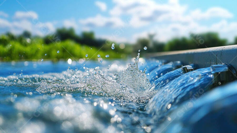 Jatos de água cristalina espirrando em piscina azul ao ar livre