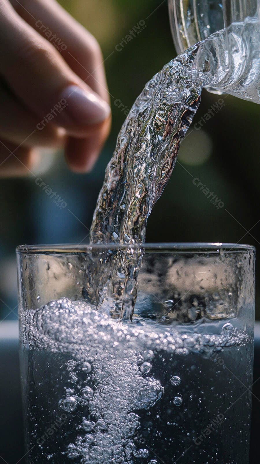 Mão despejando água potável em copo de vidro com bolhas refrescantes