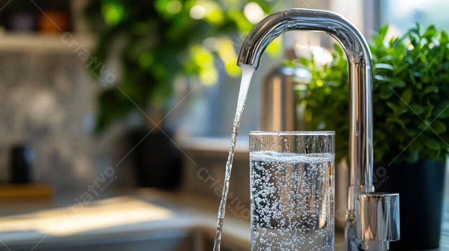 Água fresca escorrendo da torneira para copo de vidro na cozinha
