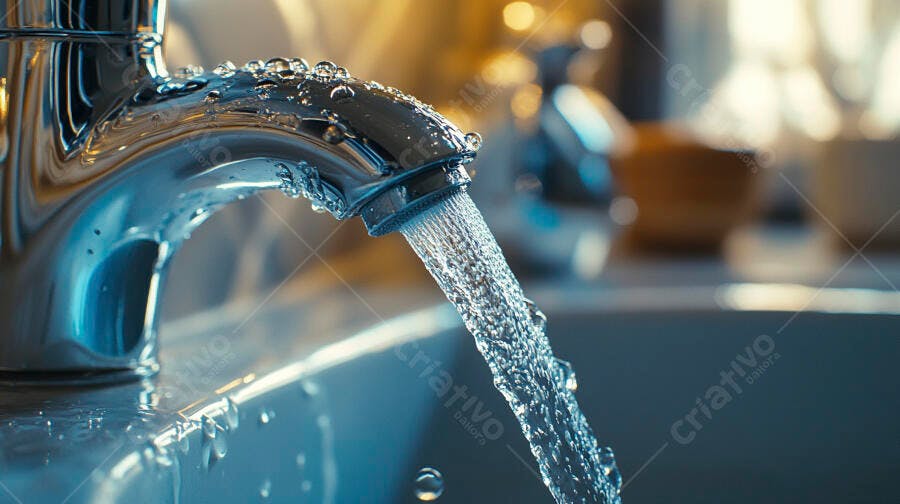 Torneira cromada com água corrente e gotas refletindo luz quente