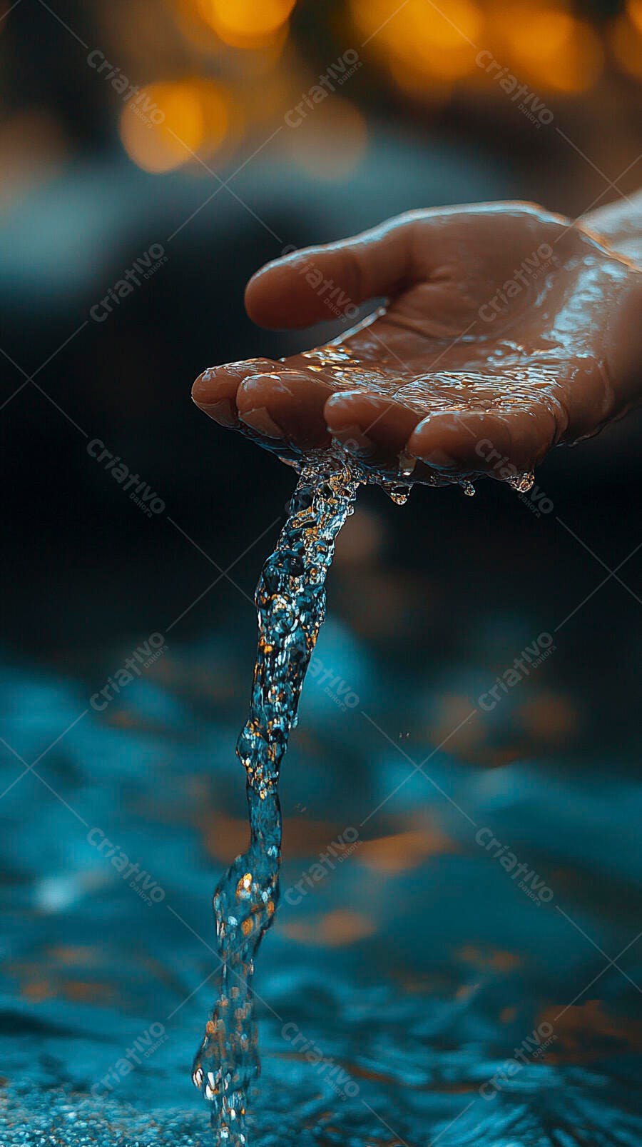 Mão humana derramando água fresca e limpa em fundo natural azul e laranja