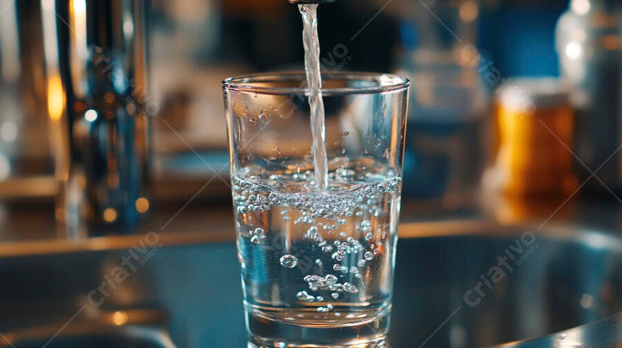 Água fresca sendo despejada em copo transparente na cozinha