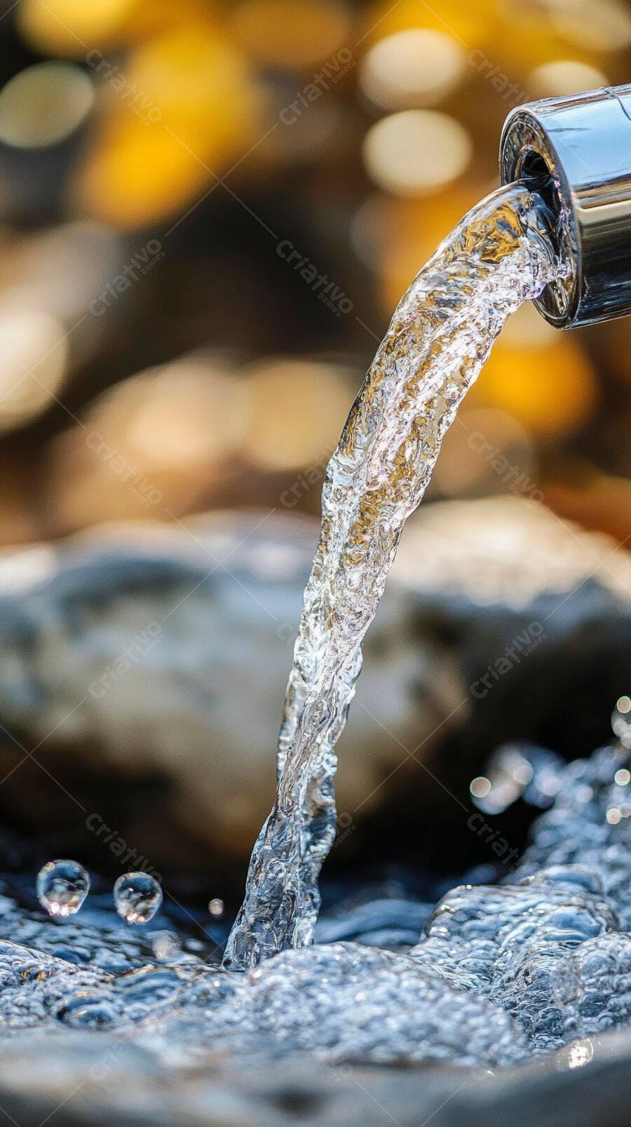 Água fresca e cristalina jorrando de torneira cromada em ambiente natural