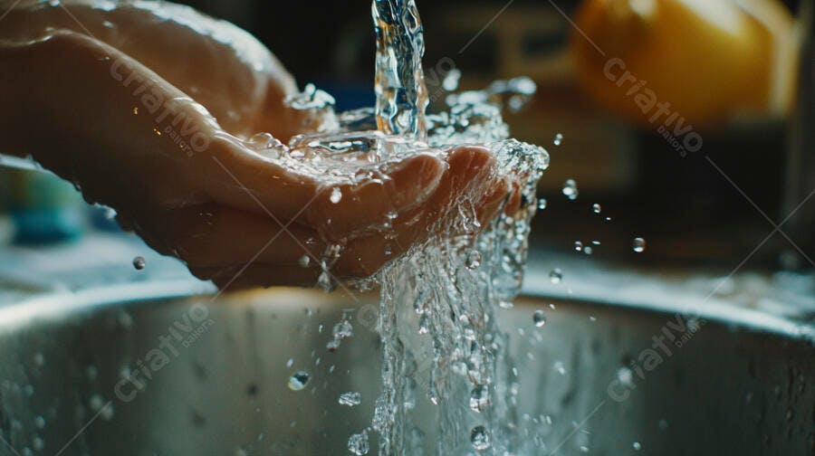 Mãos adultas claras recebendo água fresca e corrente da torneira em uma pia de metal
