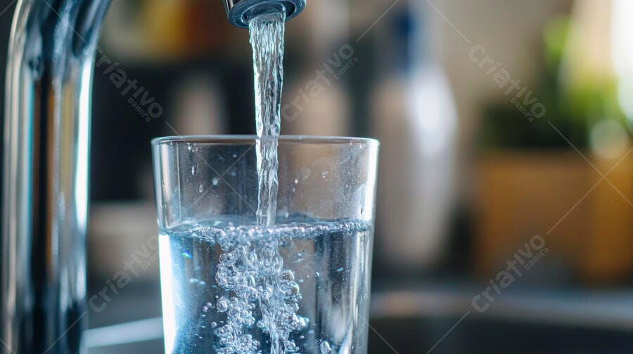 Água fresca enchendo copo transparente de torneira cromada na cozinha