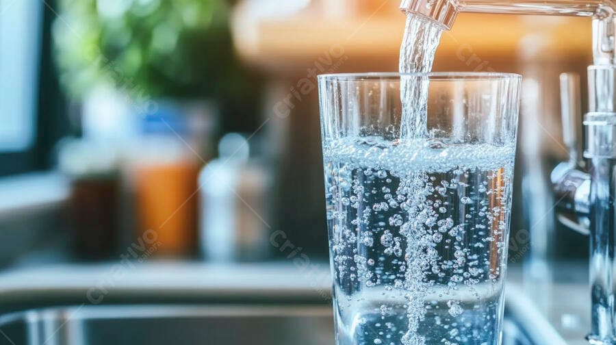 Água fresca enchendo copo de vidro na torneira da cozinha