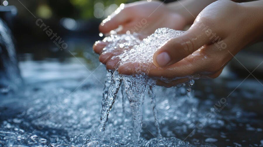 Mãos adultas segurando água fresca pingando em riacho com luz do sol