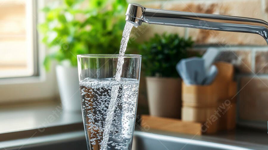 Água fresca enchendo copo na pia da cozinha com plantas