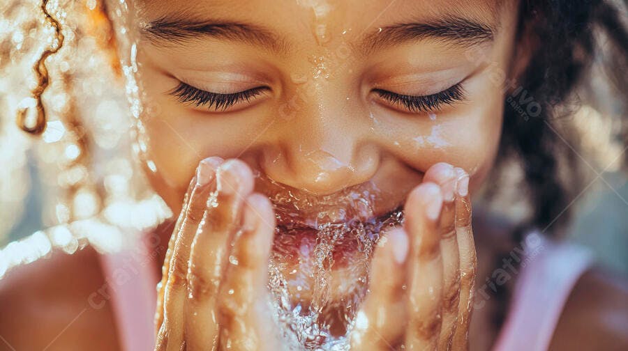 Criança negra lavando o rosto com água fresca sorrindo