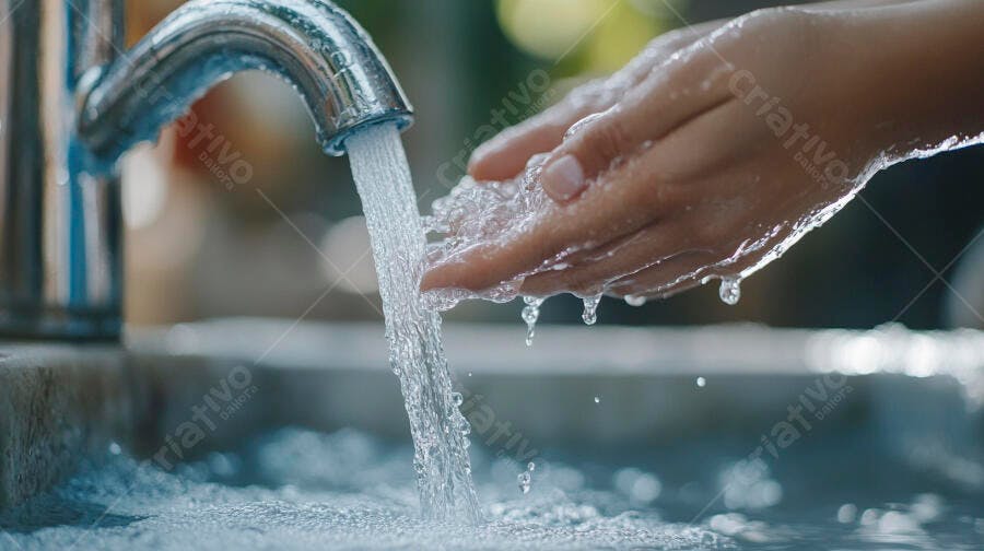 Mãos femininas lavando sob água corrente cristalina de torneira cromada