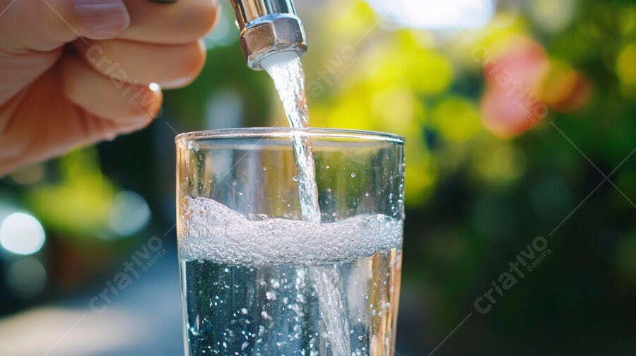 Água fresca da torneira enchendo copo de vidro transparente em fundo verde natural