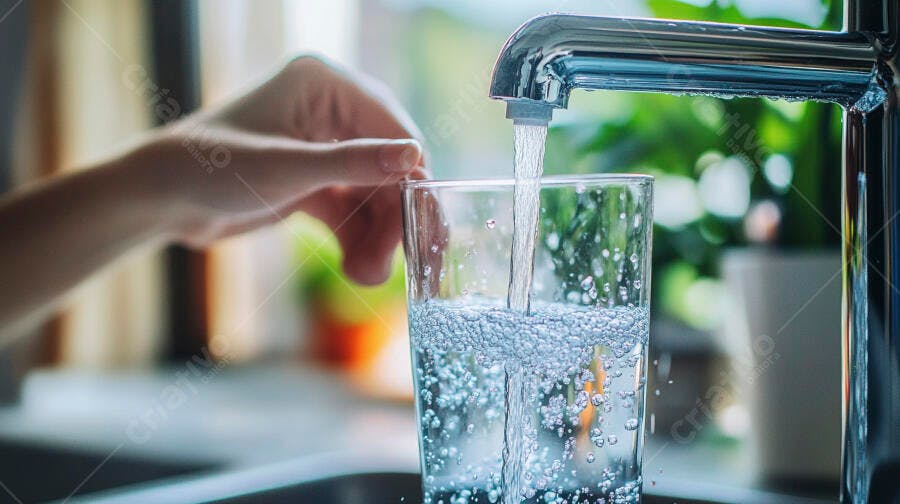 Mão feminina enchendo copo de água fresca na torneira da cozinha