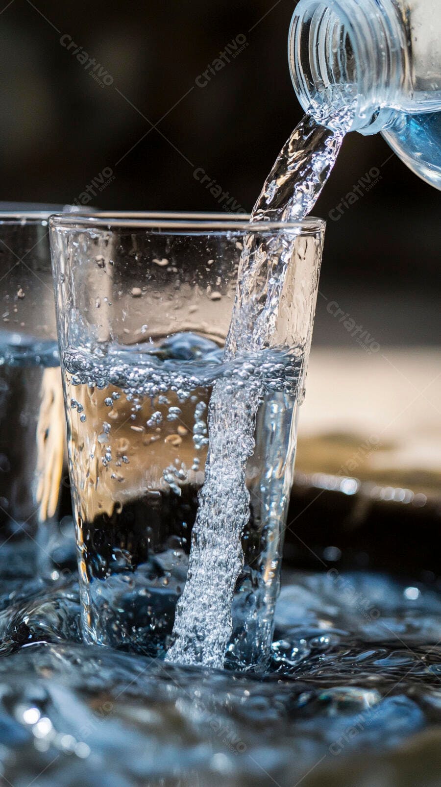 Água fresca sendo despejada em um copo de vidro transparente