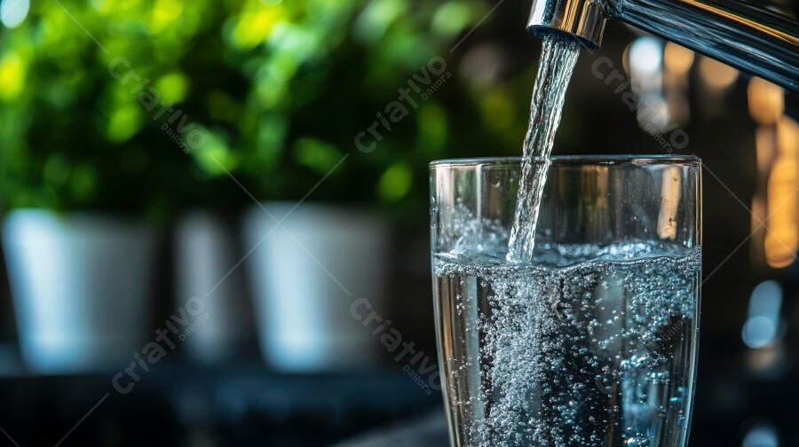 Água fresca enchendo copo na cozinha com plantas verdes
