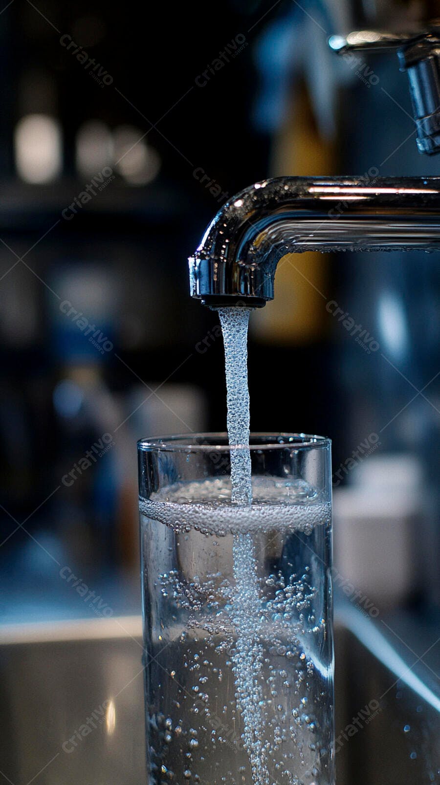 Água fresca caindo em um copo transparente da torneira da cozinha