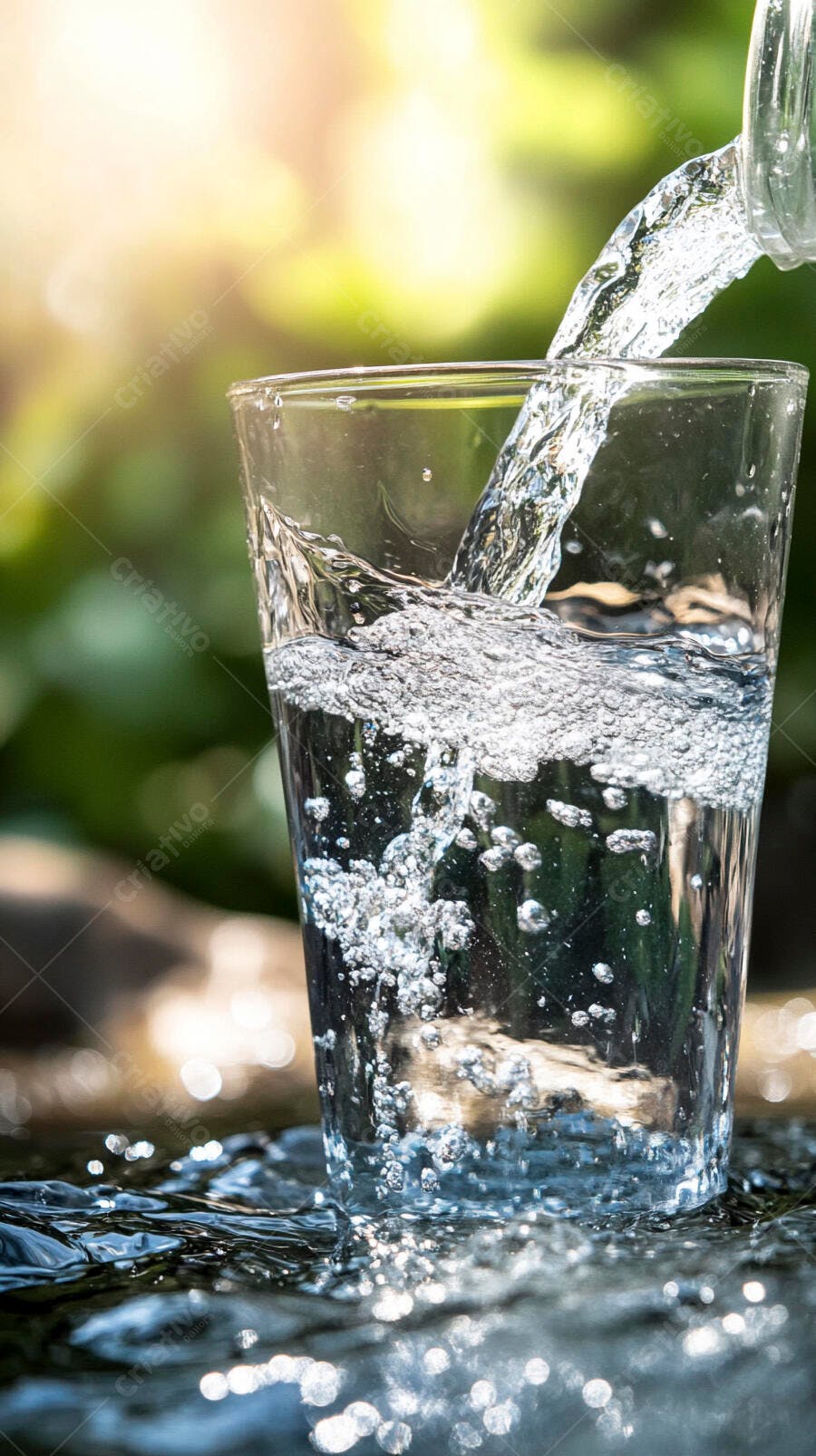 Água fresca sendo despejada em copo transparente com bolhas no exterior