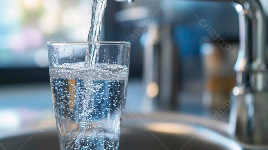 Copo de água fresca com bolhas sendo enchido da torneira na cozinha