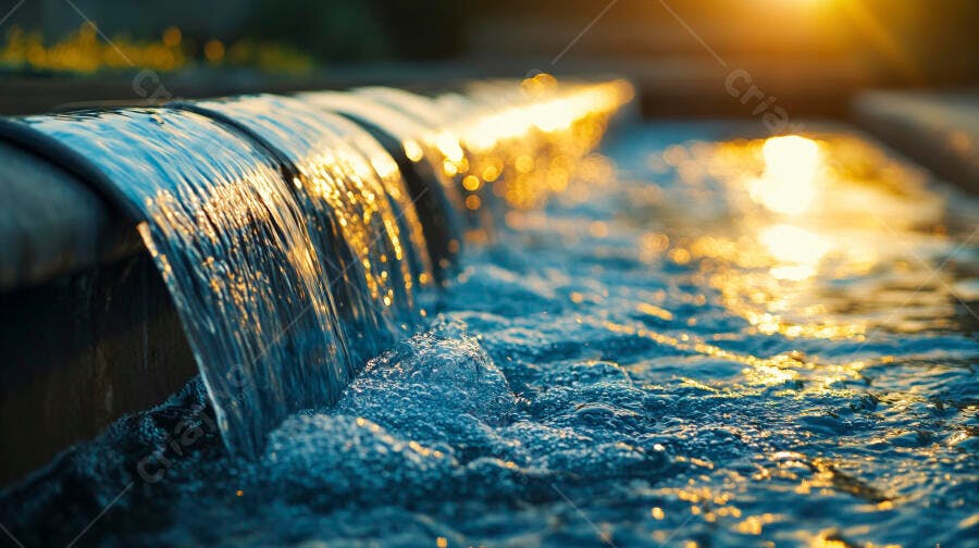 Água cristalina em cascata sob luz dourada do pôr do sol