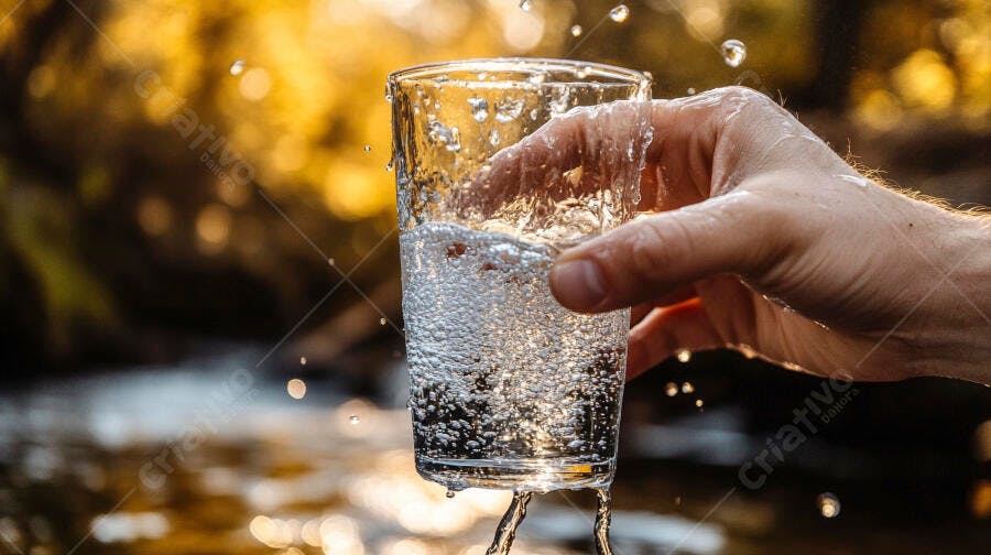 Mão segurando copo de água fresca com bolhas ao ar livre