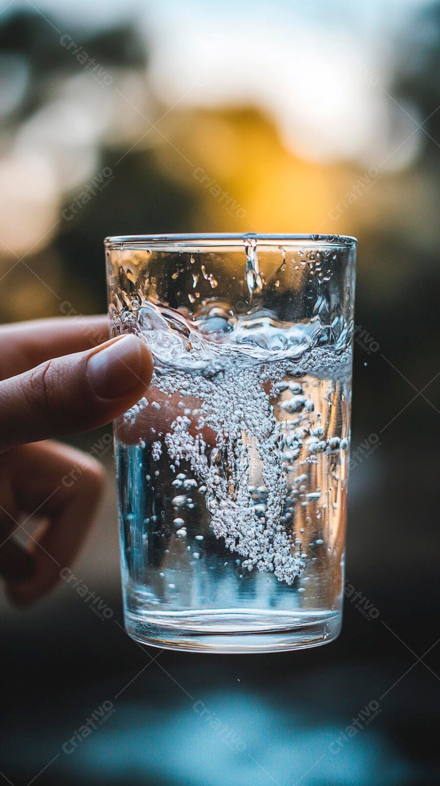 Mão segurando copo de água fresca com bolhas em fundo desfocado claro