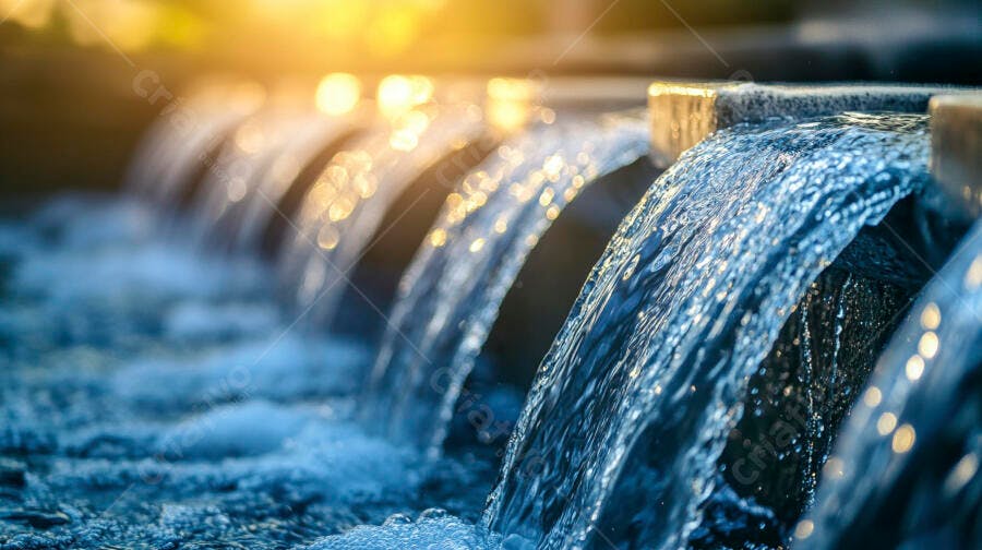 Água corrente azul em cascata com luz dourada ao entardecer