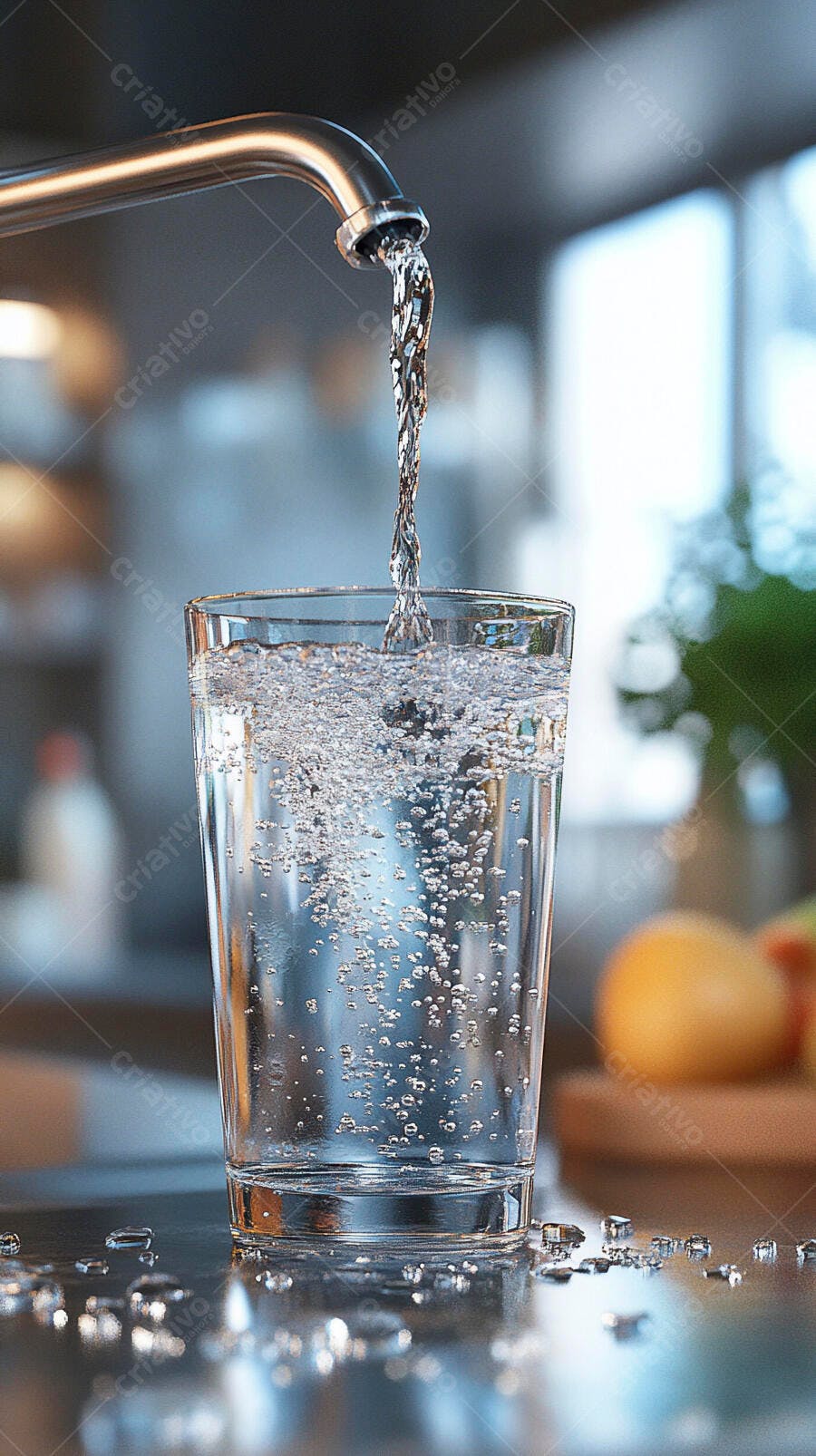Água fresca da torneira enchendo copo transparente na cozinha
