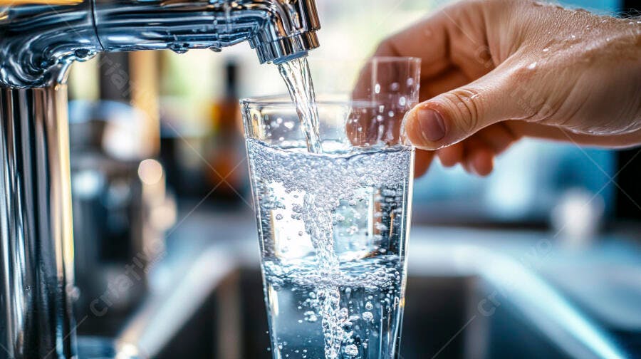 Copo de água fresca sendo enchido da torneira cromada na cozinha