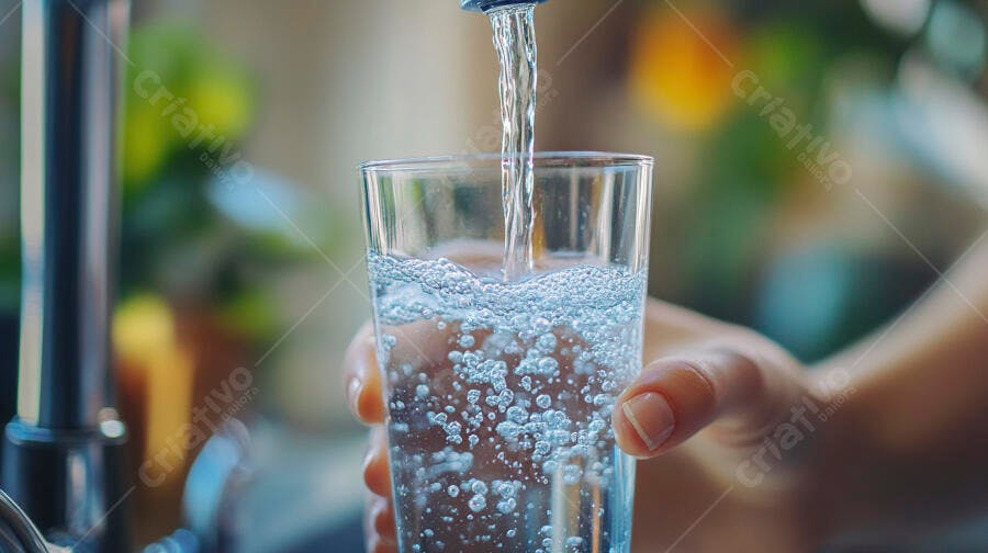 Mão enchendo copo de água fresca da torneira com bolhas