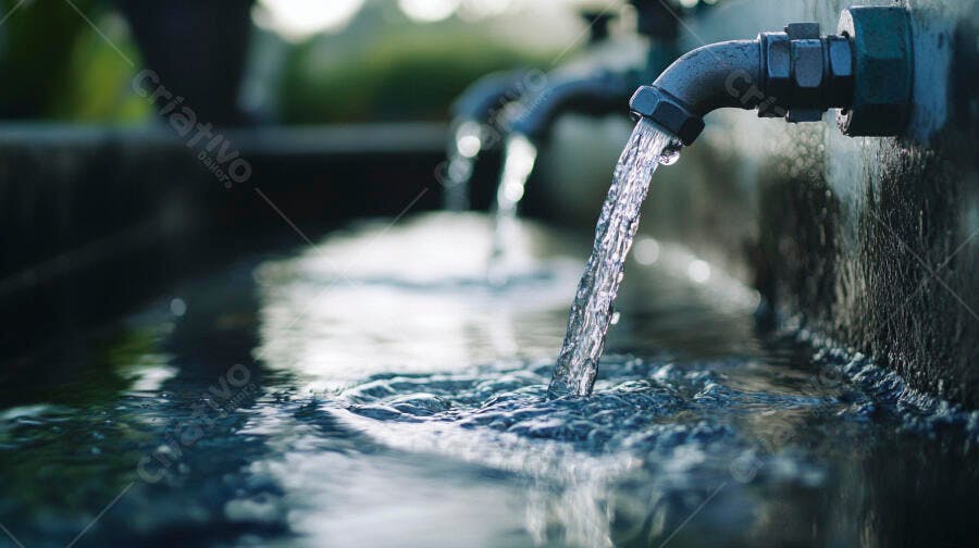 Água corrente de tubo metálico em fonte com reflexos azuis