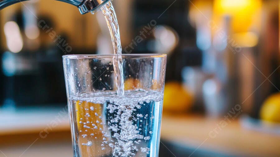 Copo de água fresca sendo enchido da torneira na cozinha