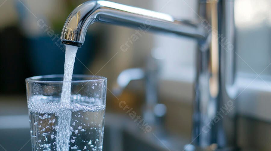 Água potável fresca enchendo copo de vidro da torneira cromada