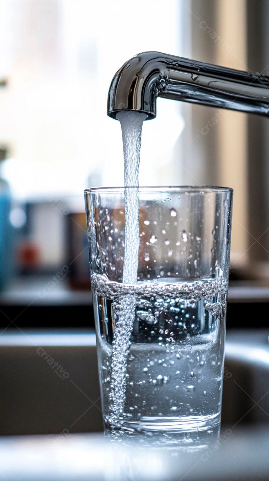 Água potável fresca enchendo copo de vidro transparente na cozinha