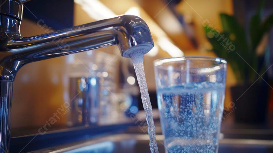 Copo de água fresca sendo enchido por torneira cromada na cozinha