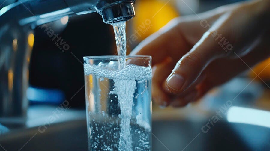 Água fresca da torneira enchendo copo de vidro na cozinha com mão