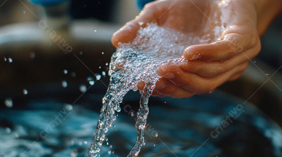 Mãos segurando água limpa e fresca escorrendo