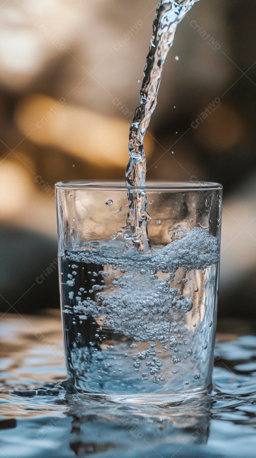 Água fresca sendo derramada em copo transparente com bolhas