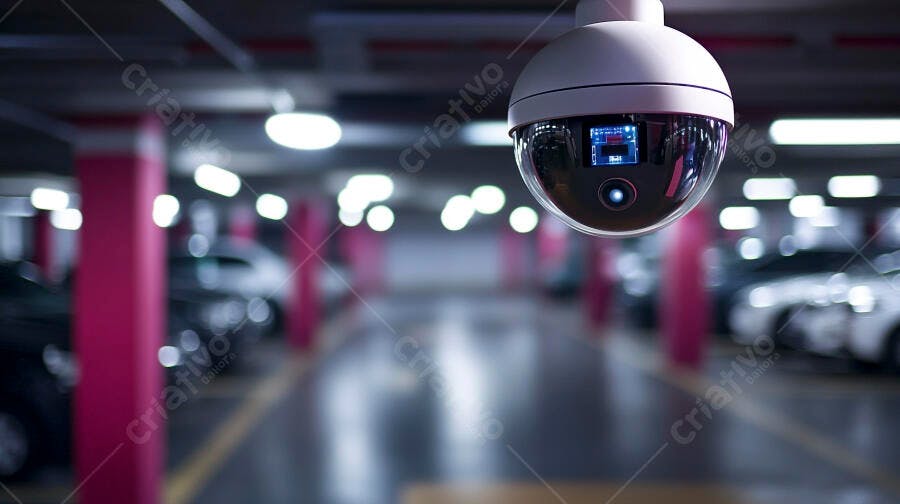 Câmera de segurança dome monitorando estacionamento subterrâneo moderno