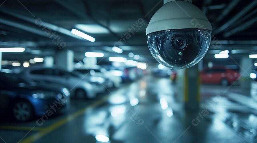 Câmera de segurança em estacionamento subterrâneo azul moderno vazio
