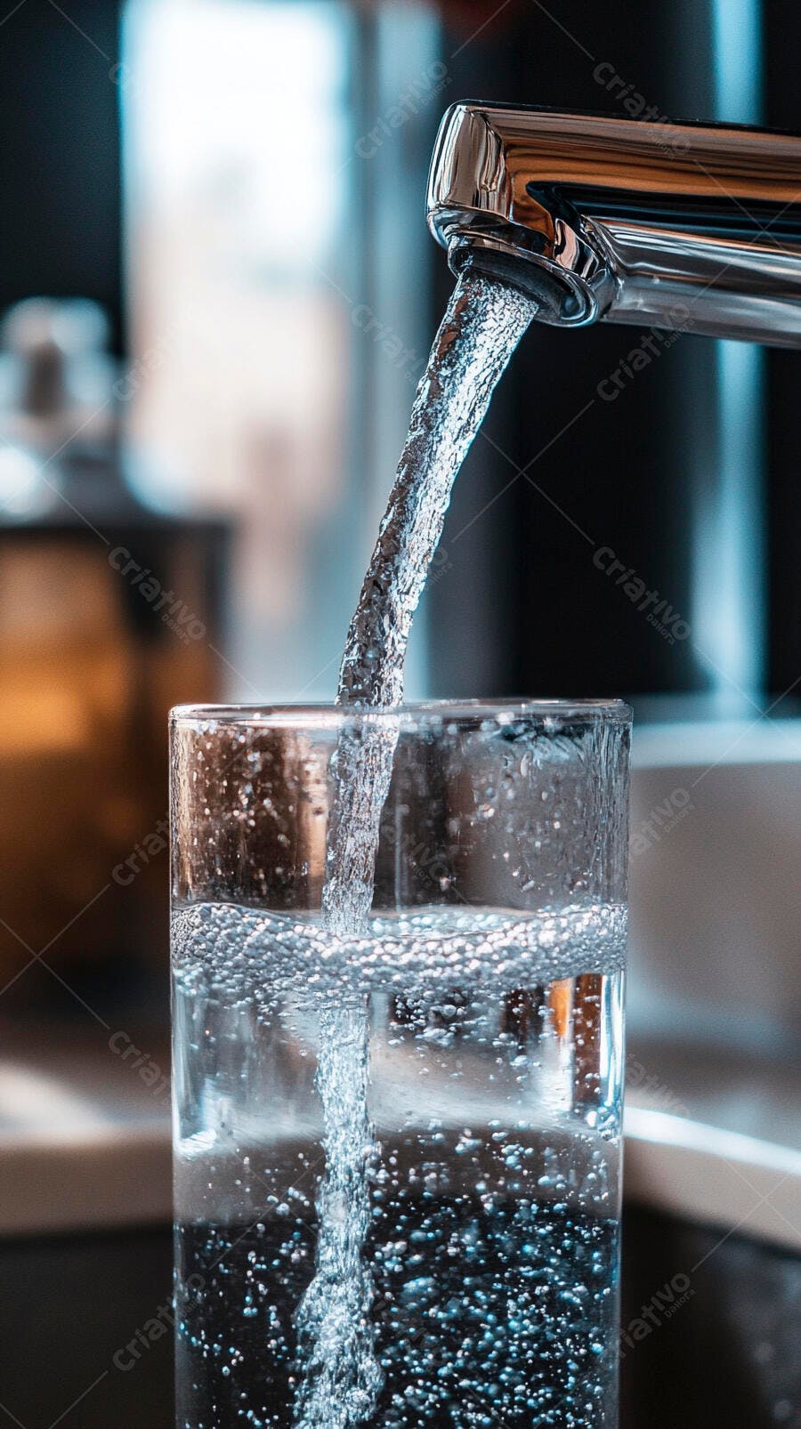 Água fresca enchendo um copo de vidro transparente em cozinha moderna