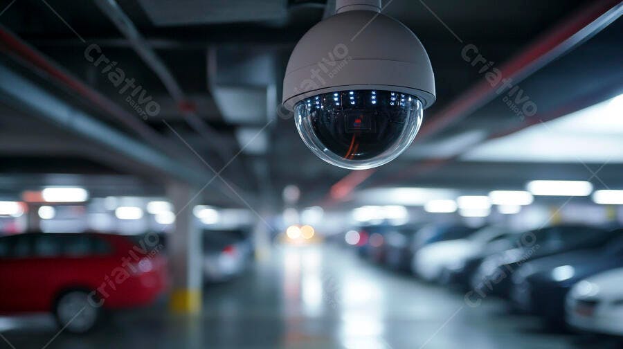 Câmera de segurança dome cinza em estacionamento subterrâneo escuro com carros