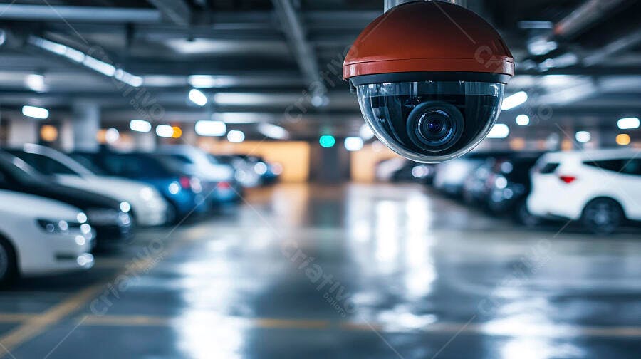 Câmera de segurança em estacionamento subterrâneo moderno com carros
