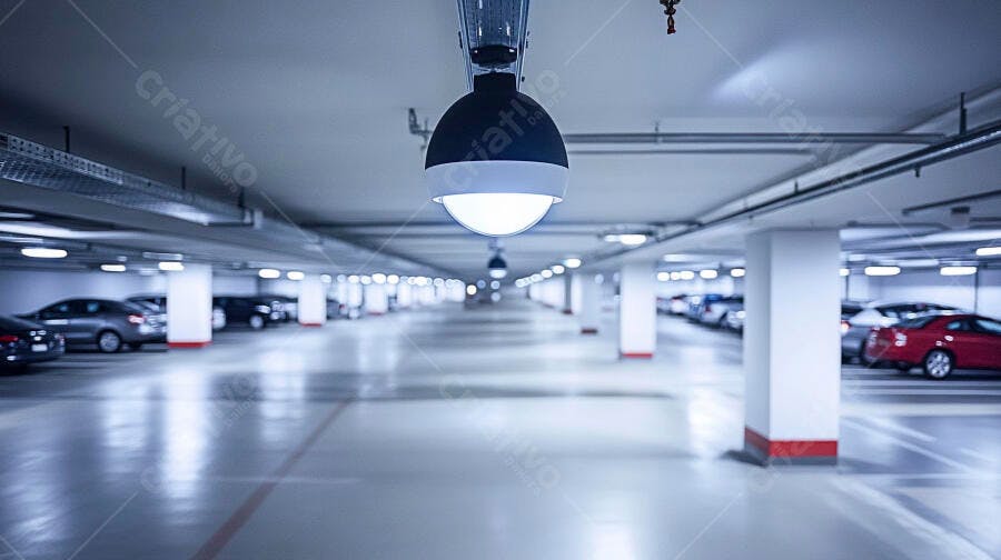 Estacionamento subterrâneo moderno com carros e luzes LED brancas