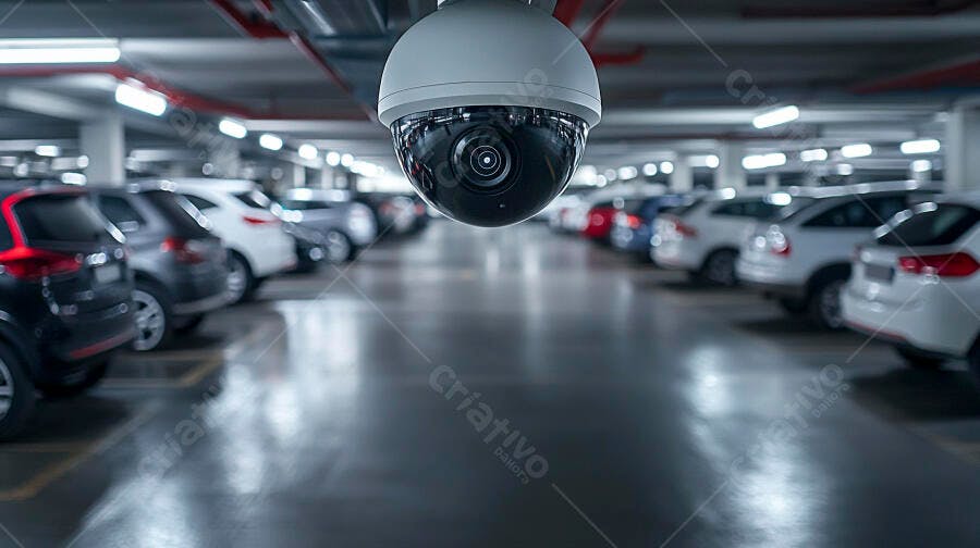 Câmera de segurança dome monitorando estacionamento subterrâneo moderno