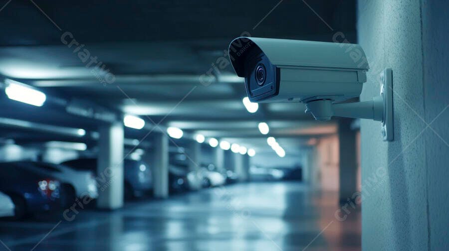 Câmera de segurança branca em estacionamento subterrâneo noturno azulado