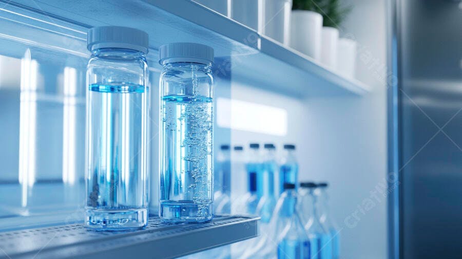 Garrafas de água mineral em prateleira de geladeira moderna azul